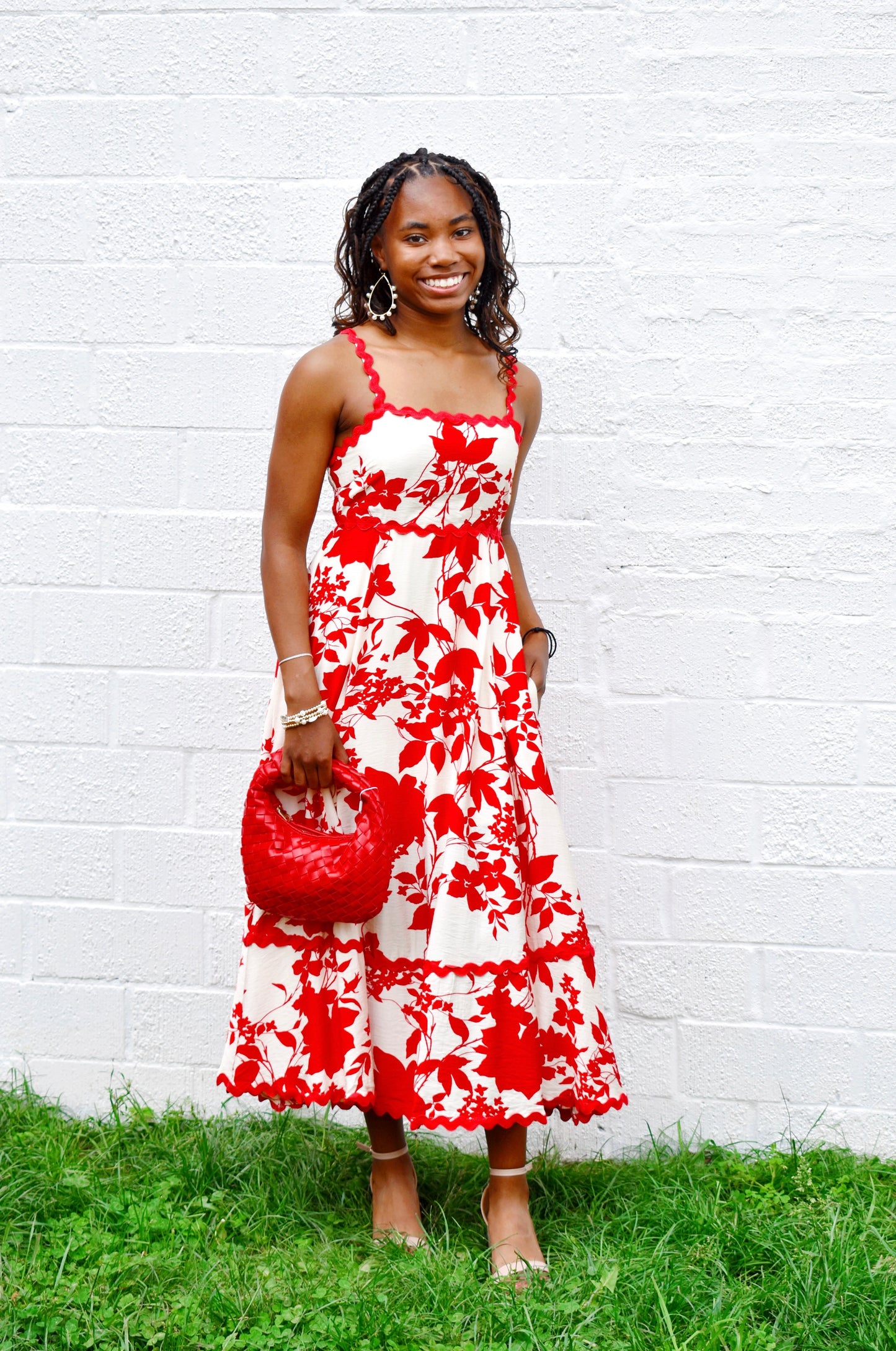 Red Floral Ric Rac Midi Dress