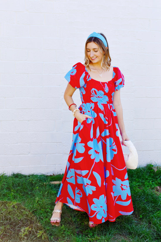 Red & Blue Floral Smocked Midi Dress