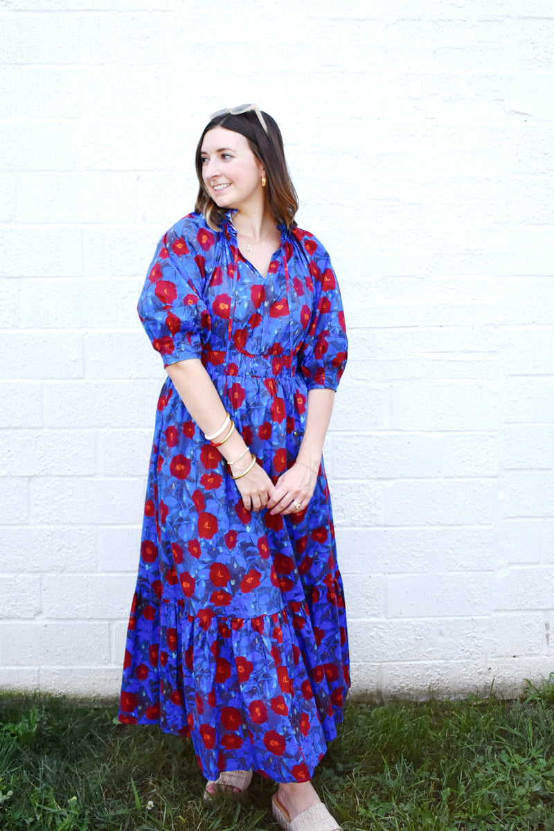 Sleeve Floral Print Loft Blue Floral Dress Button Down Floral Embroidered  Midi Dress S