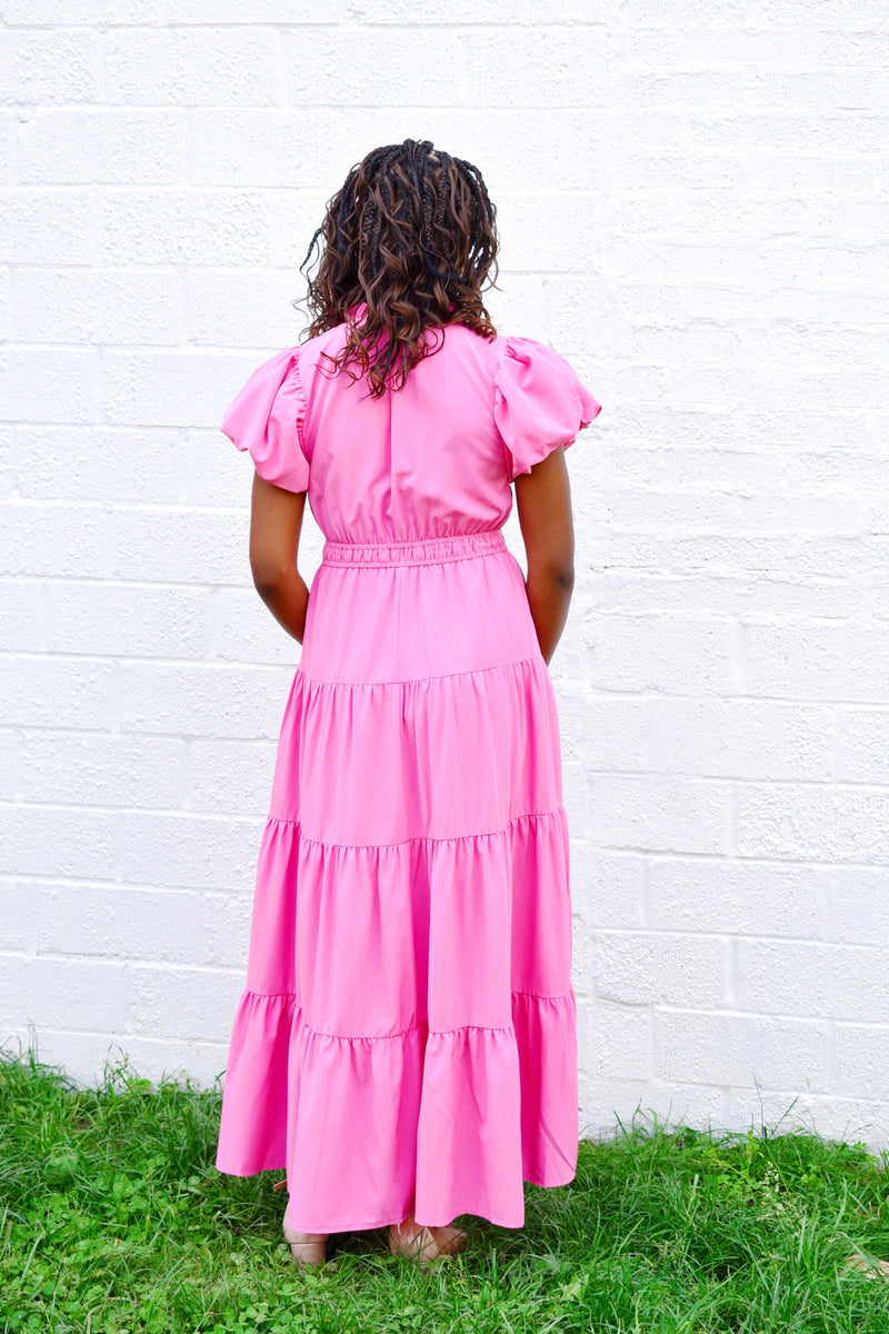 Bubblegum Pink Puff Sleeve Midi Dress – Confetti Boutique