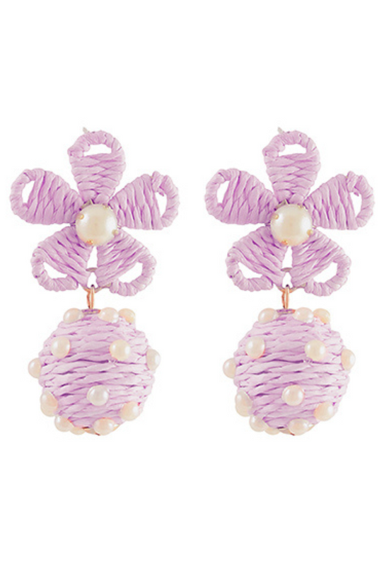 Raffia Flower Pearl Embellished Ball Drop Earrings
