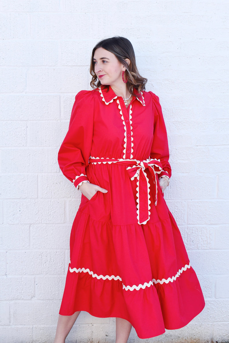 red ric rac dress Red Pink Ric Rac Detail Midi Dress Confetti Boutique