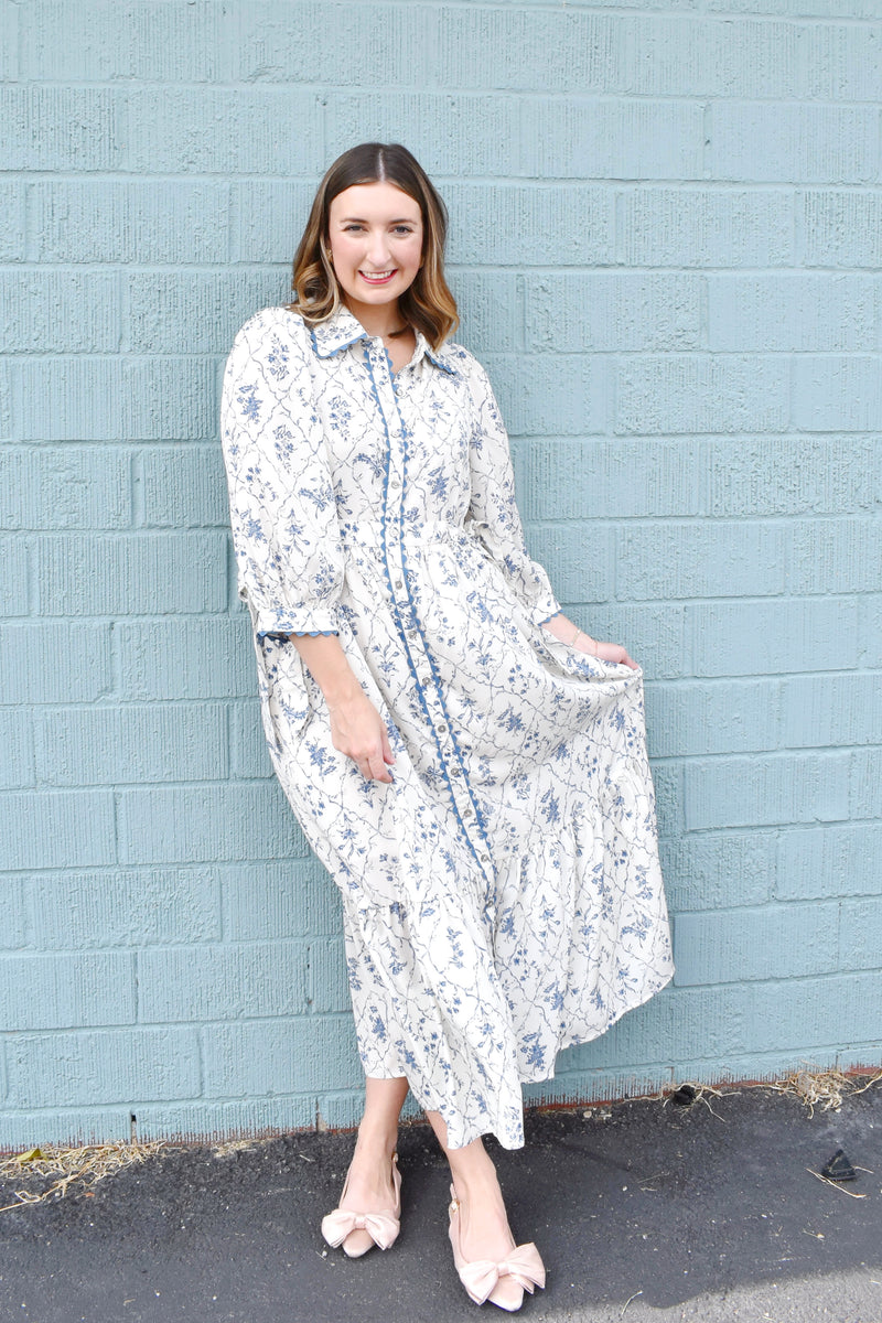 button down midi dress Ecru Blue Floral Button Down Midi Dress – Confetti Boutique