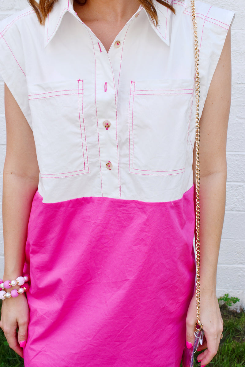 Hot Pink Color Block Shirt Dress – Confetti Boutique