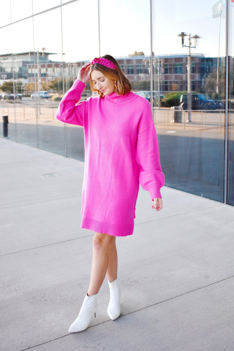 Pink Waffle Knit Turtleneck Sweater Dress