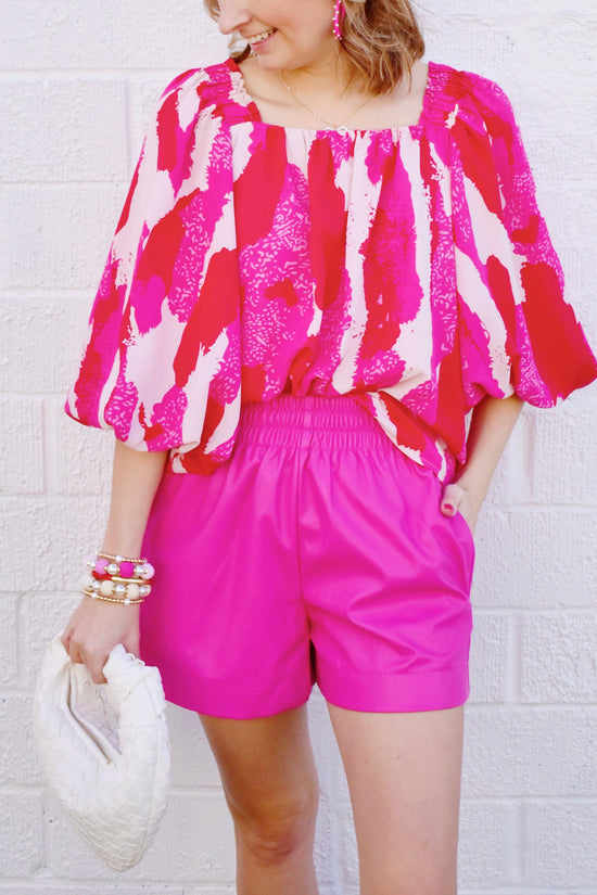 Hot Pink Elastic Waist Leather Shorts