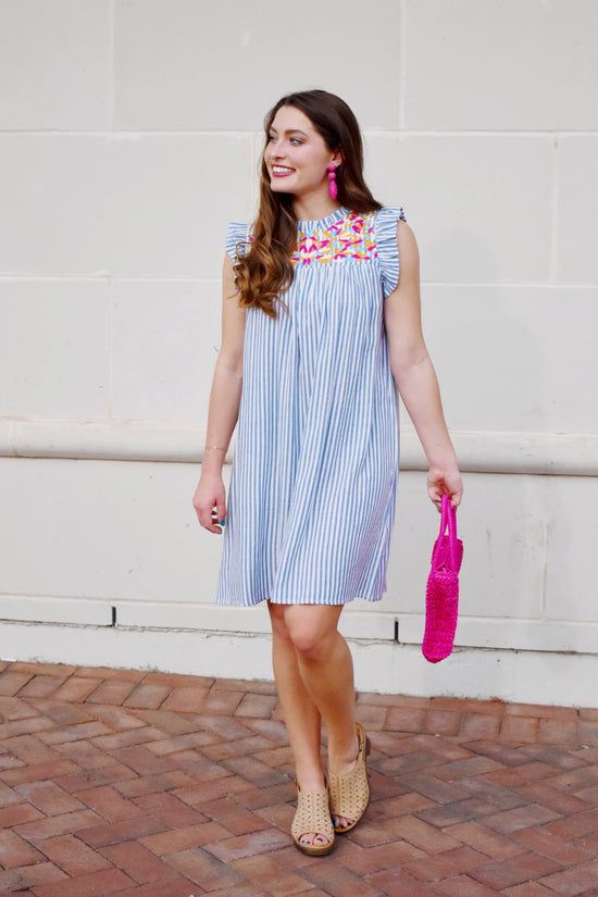 Striped Multicolor Embroidered Dress