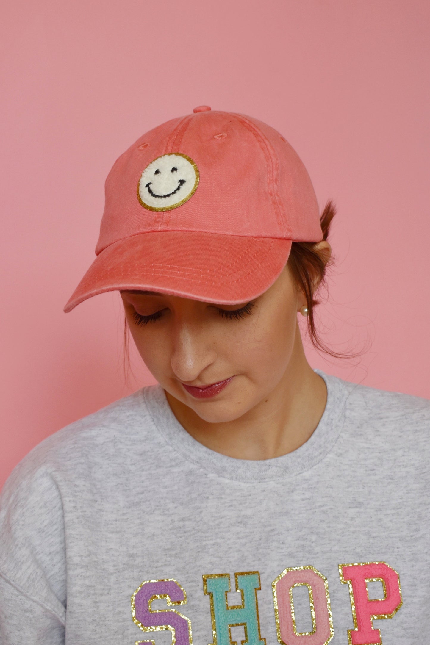 Coral Smiley Patch Hat