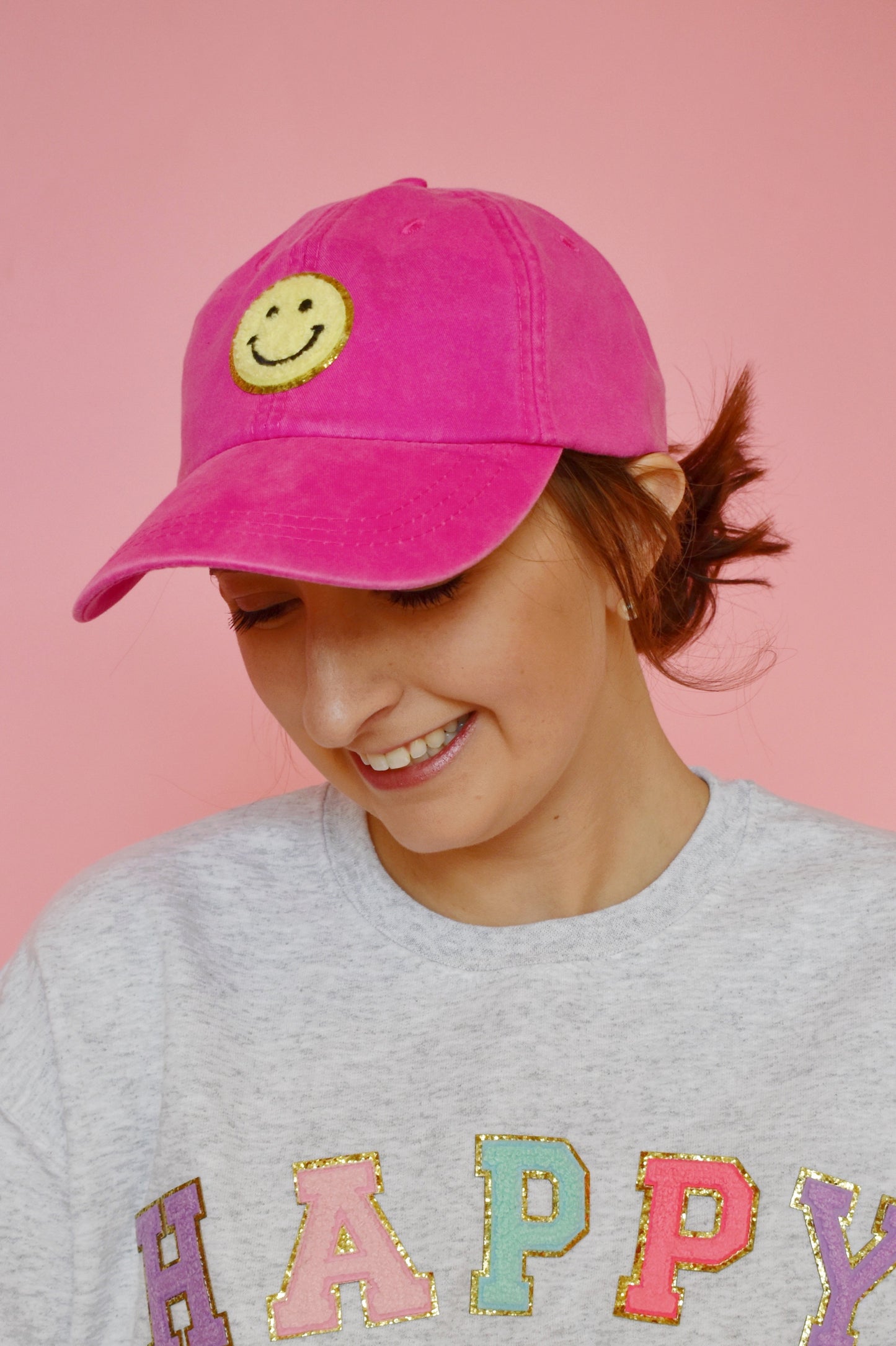 Hot Pink Smiley Patch Hat