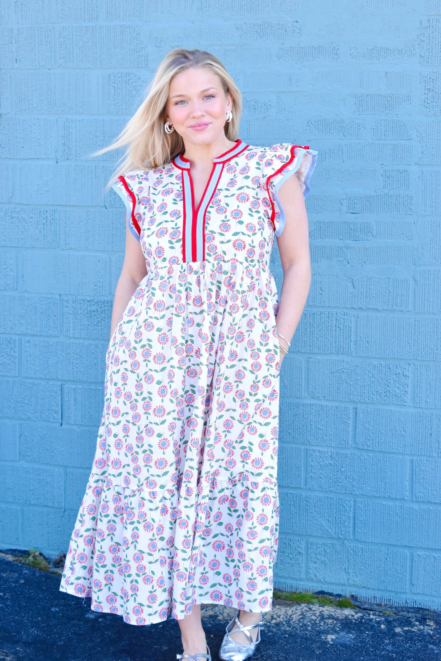 Blue & Red Floral Contrast Trim Midi Dress