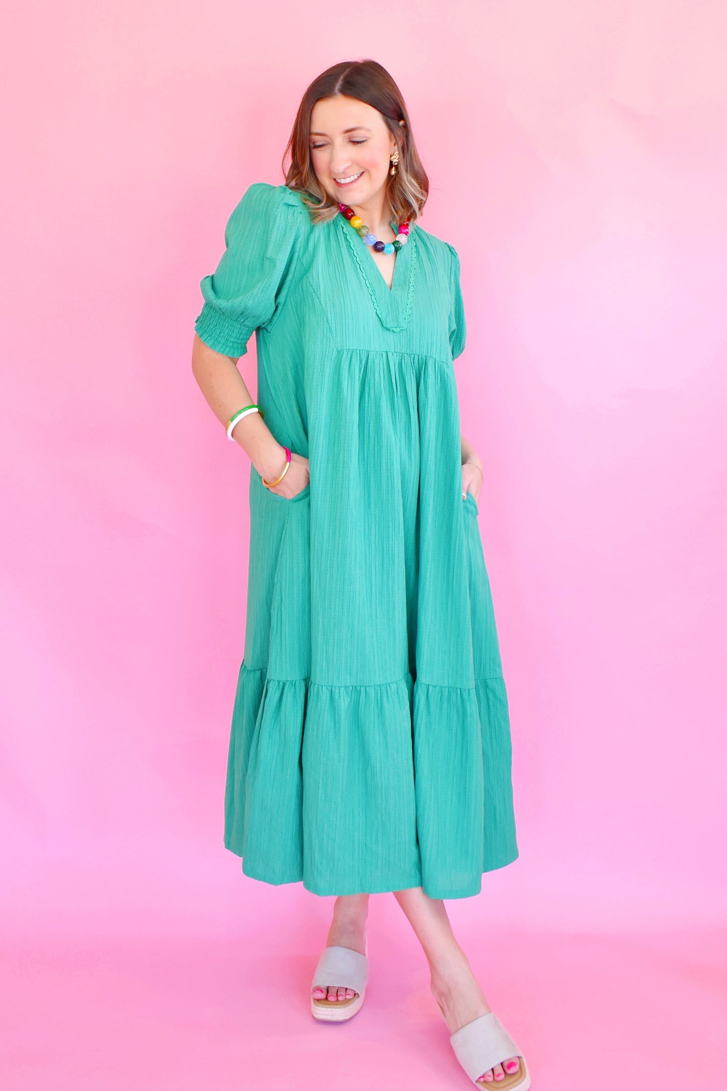 Kelly Green Lace Trim Midi Dress