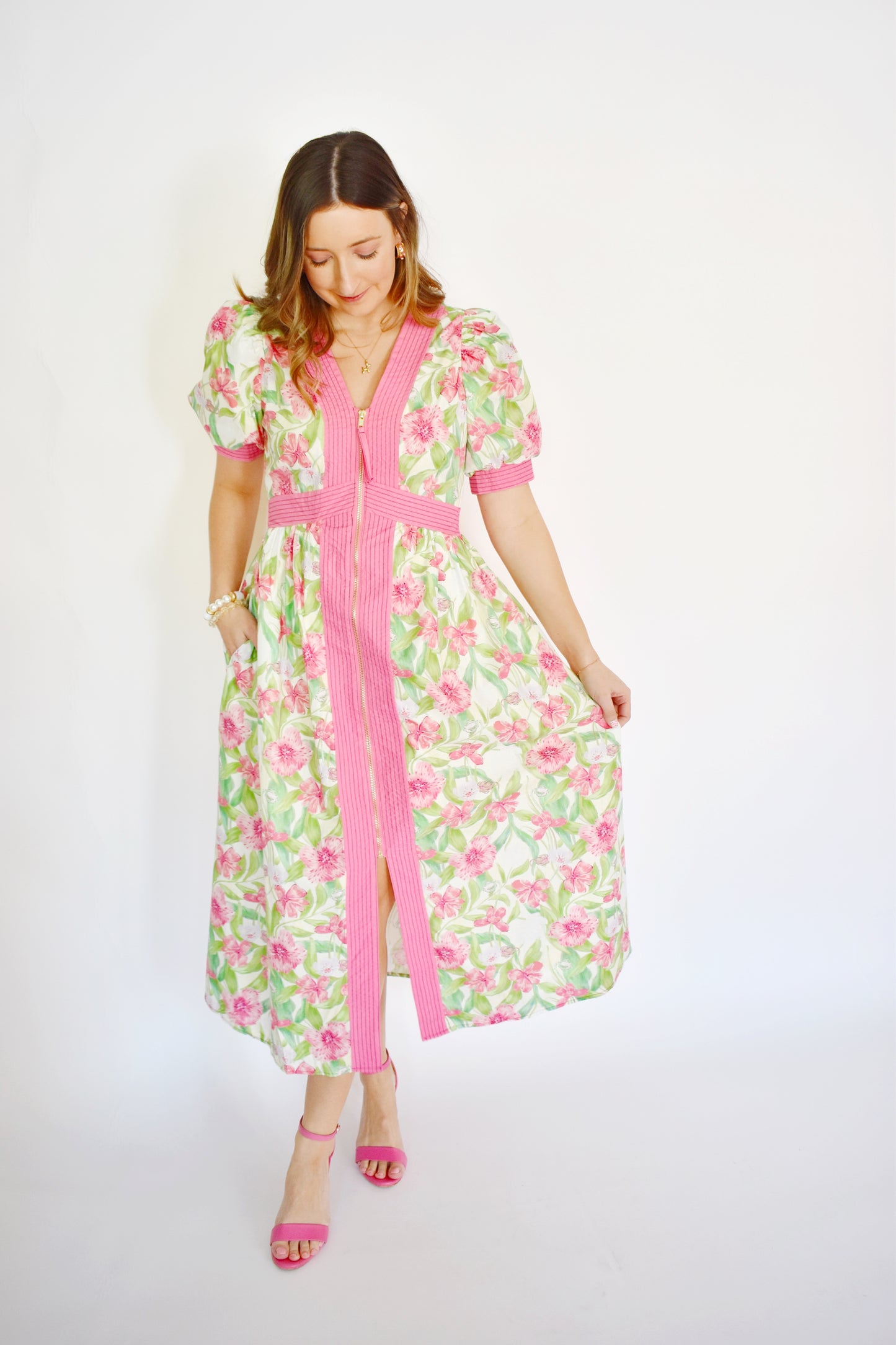 Pink Green Floral Zip Up Midi Dress