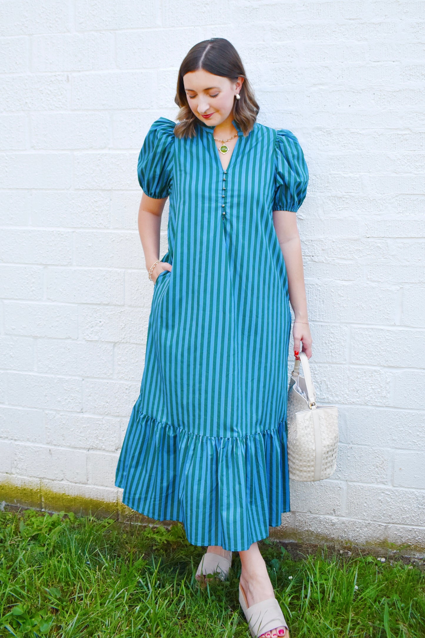 Hunter & Light Blue Stripe Ruffle Hem Midi Dress