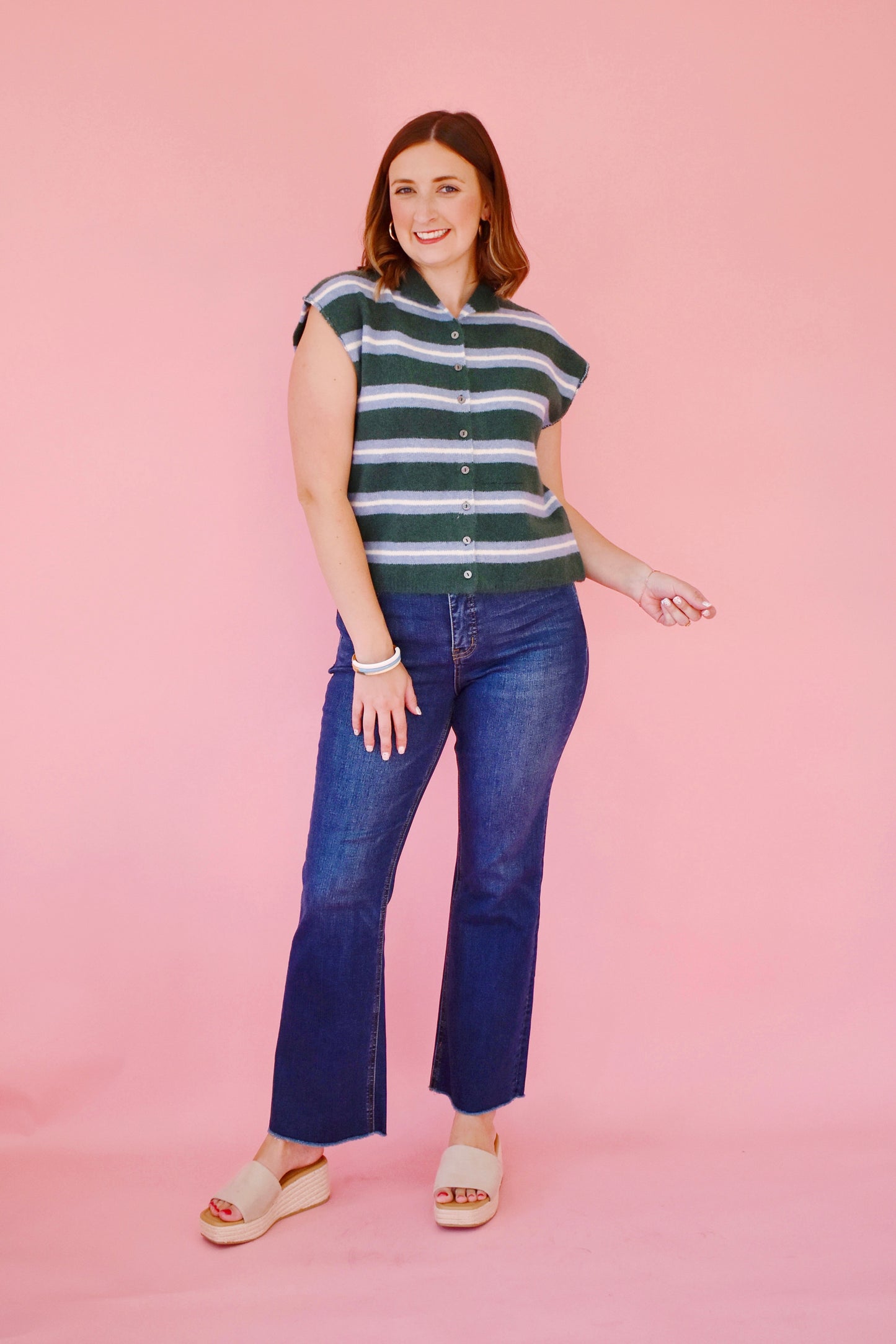 Hunter Green & Blue Stripe Short Sleeve Cardigan Top