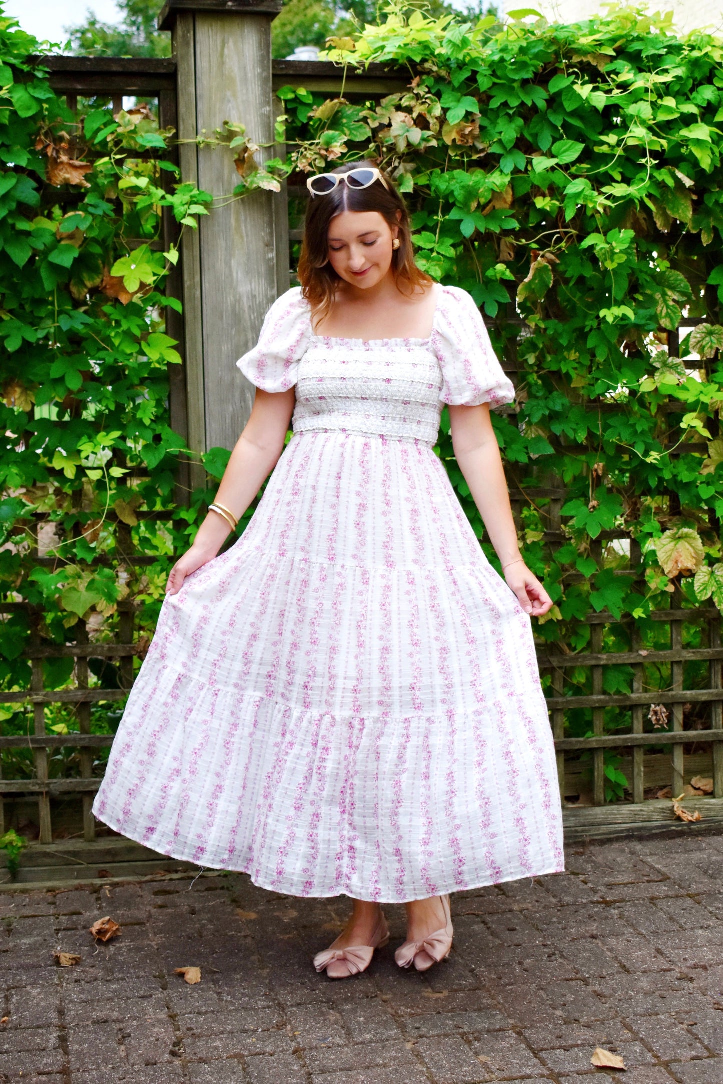 Mauve Smocked Lace Trim Puff Sleeve Maxi Dress