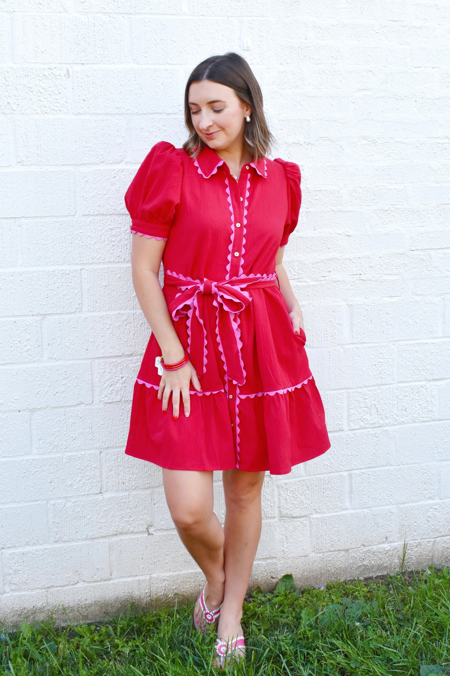 Red Pink Ric Rac Tie Waist Dress