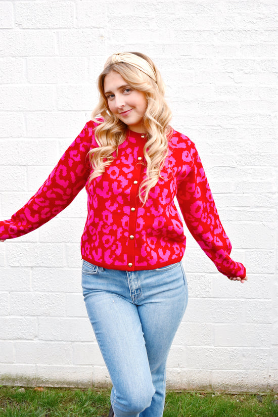 Pink & Red Leopard Button Down Cardigan