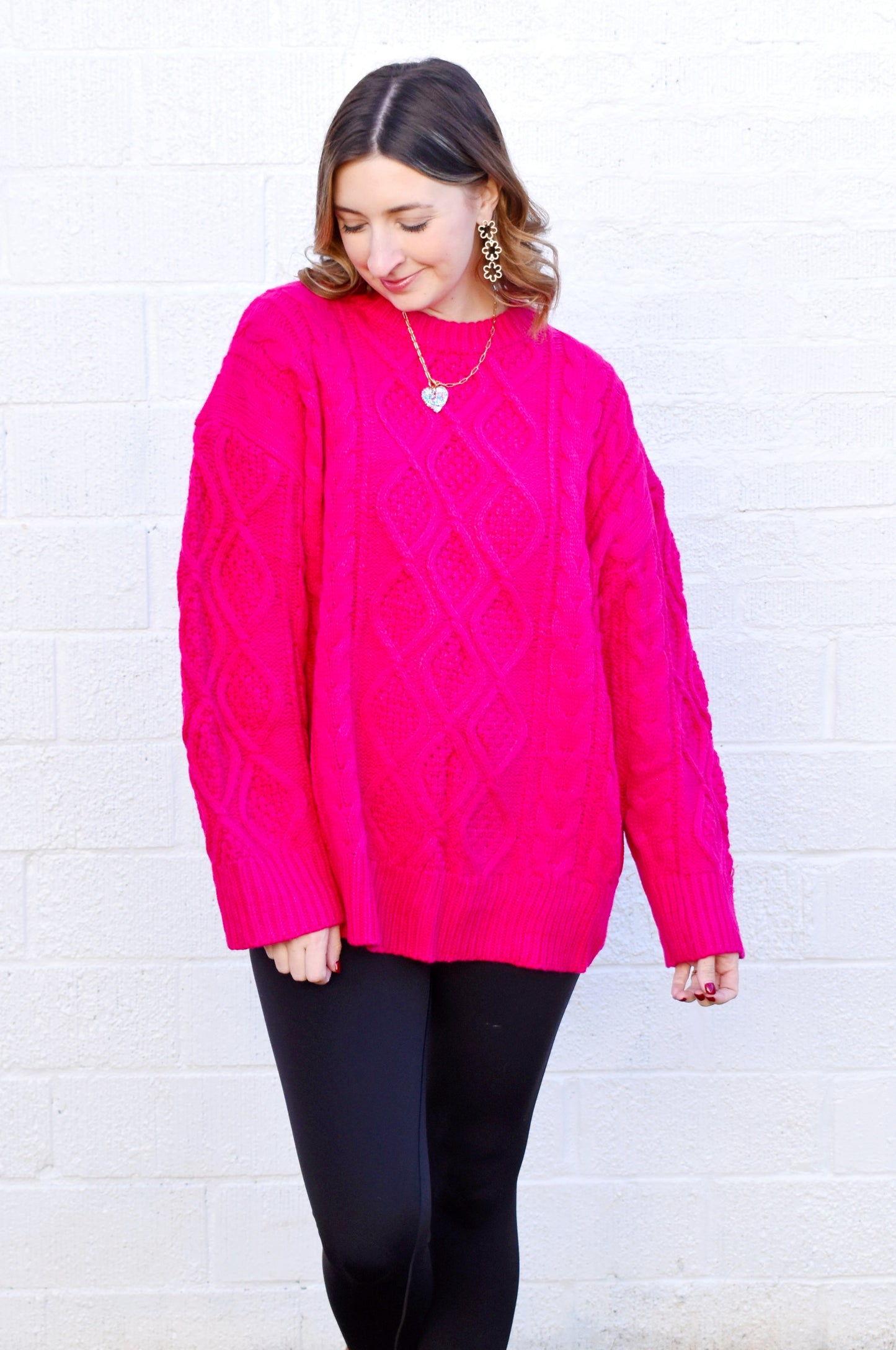 Hot Pink Oversized Cable Sweater