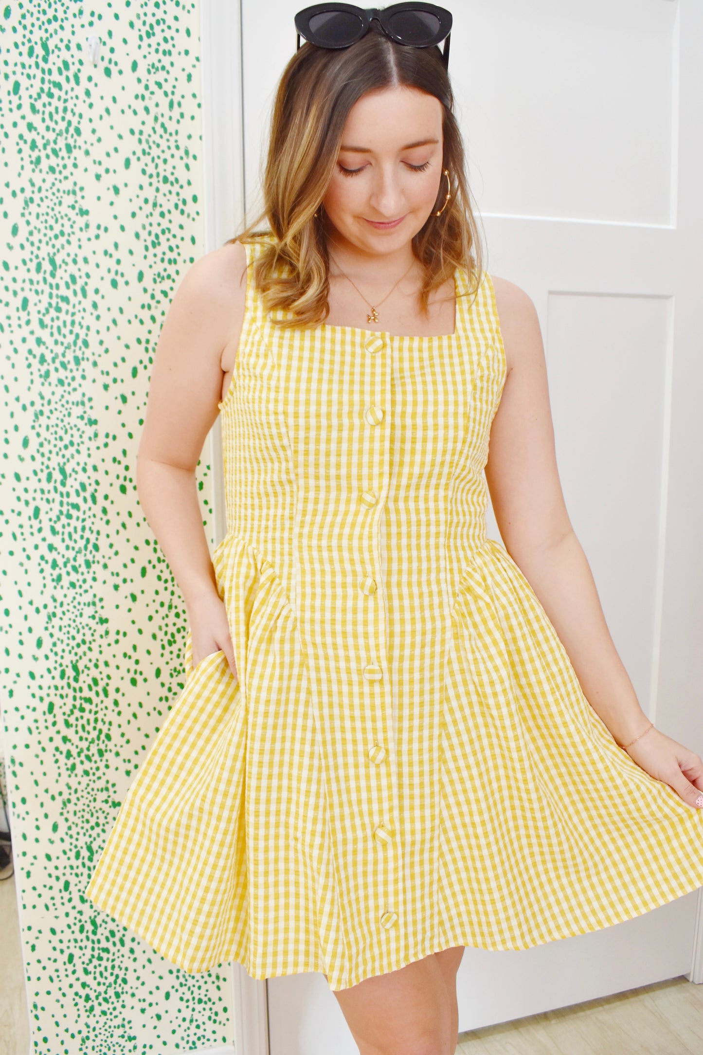 Yellow Gingham Button Mini Dress