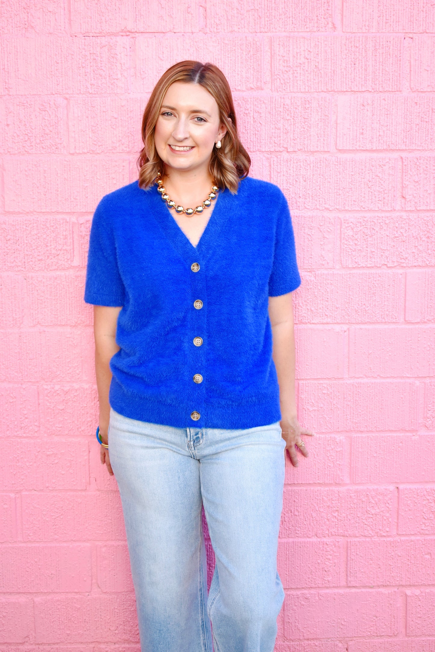 Royal Blue Button Down Short Sleeve Cardigan