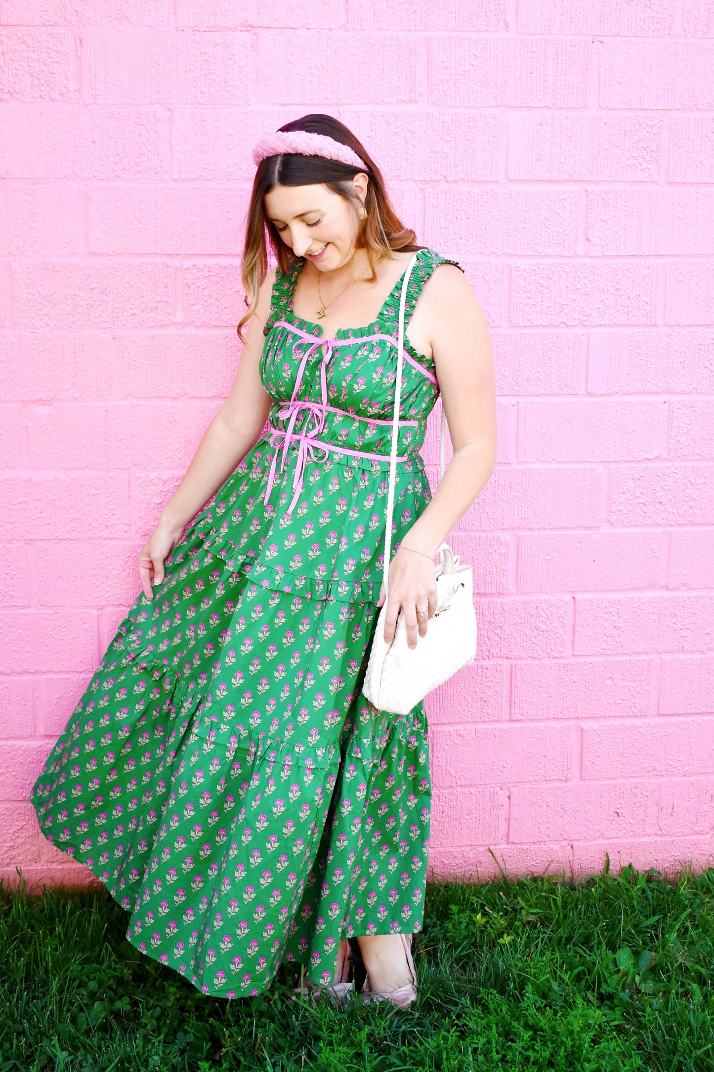 Forest Green & Pink Floral Printed Bow Detail Midi Dress