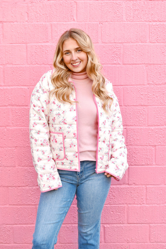 Pink Floral Quilted Zip Up Jacket