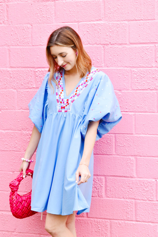 Baby Blue Embroidery detail Balloon Sleeve Dress