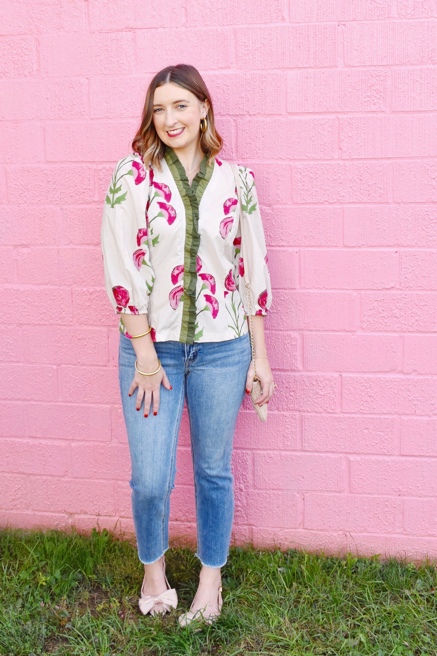 Botanical Pink & Green Ruffle Detail Blouse