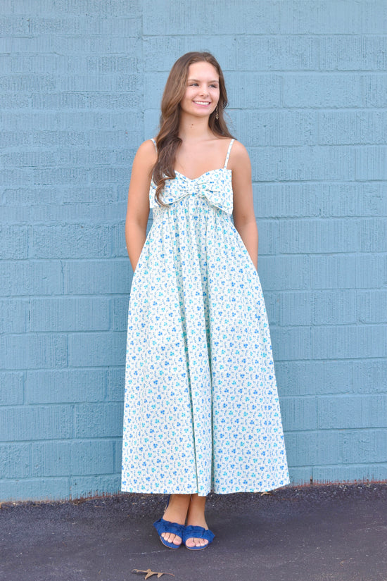 Blue Ditsy Floral Bow Maxi Dress