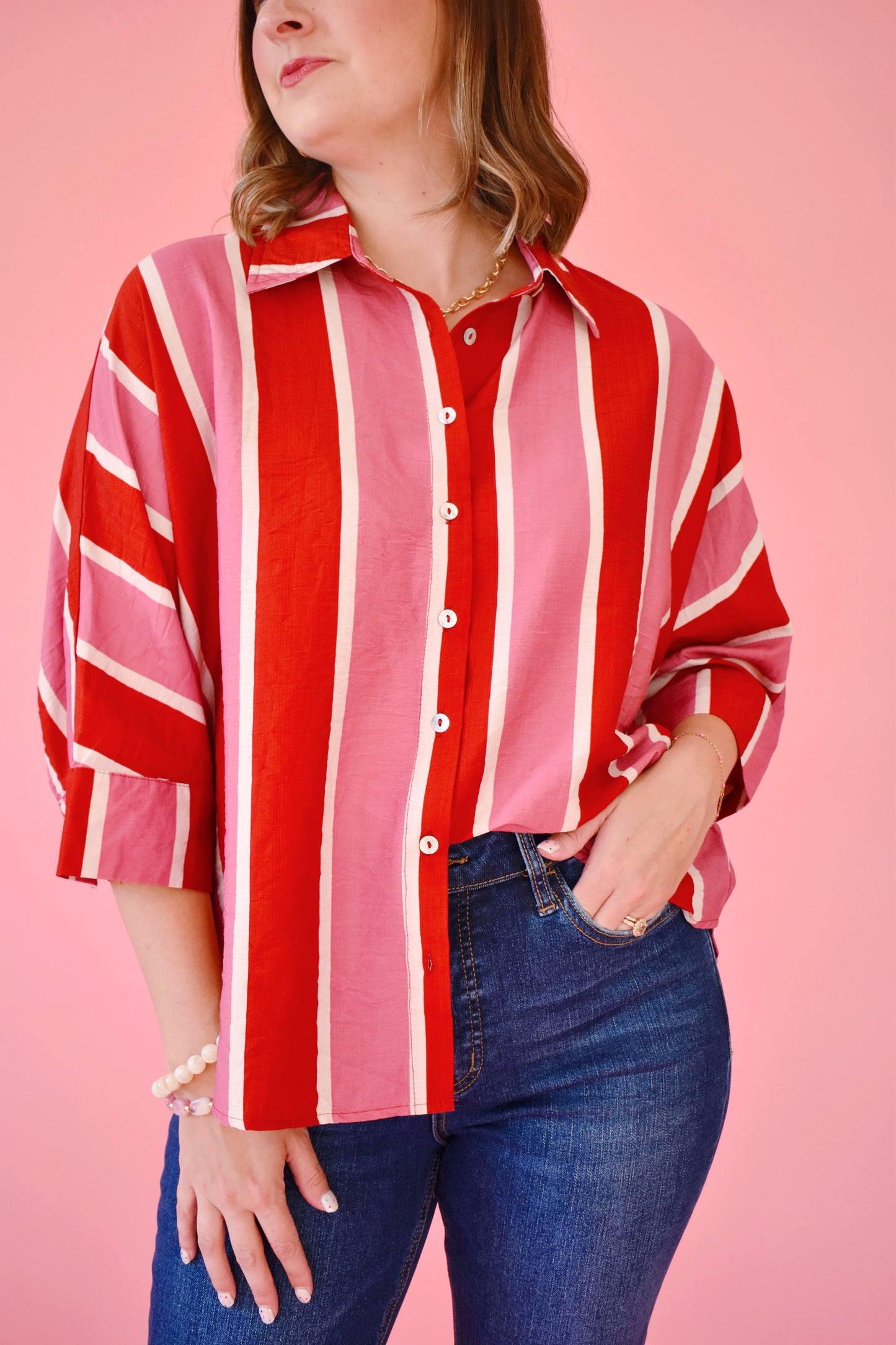Rust Pink Striped Button Down Blouse