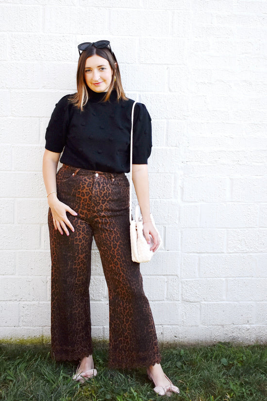 Leopard Eyelet Hem Wide Leg Jeans