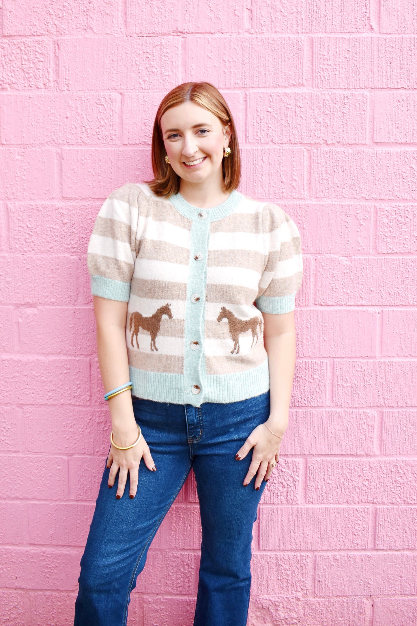 Mint Striped Horse Short Sleeve Cardigan