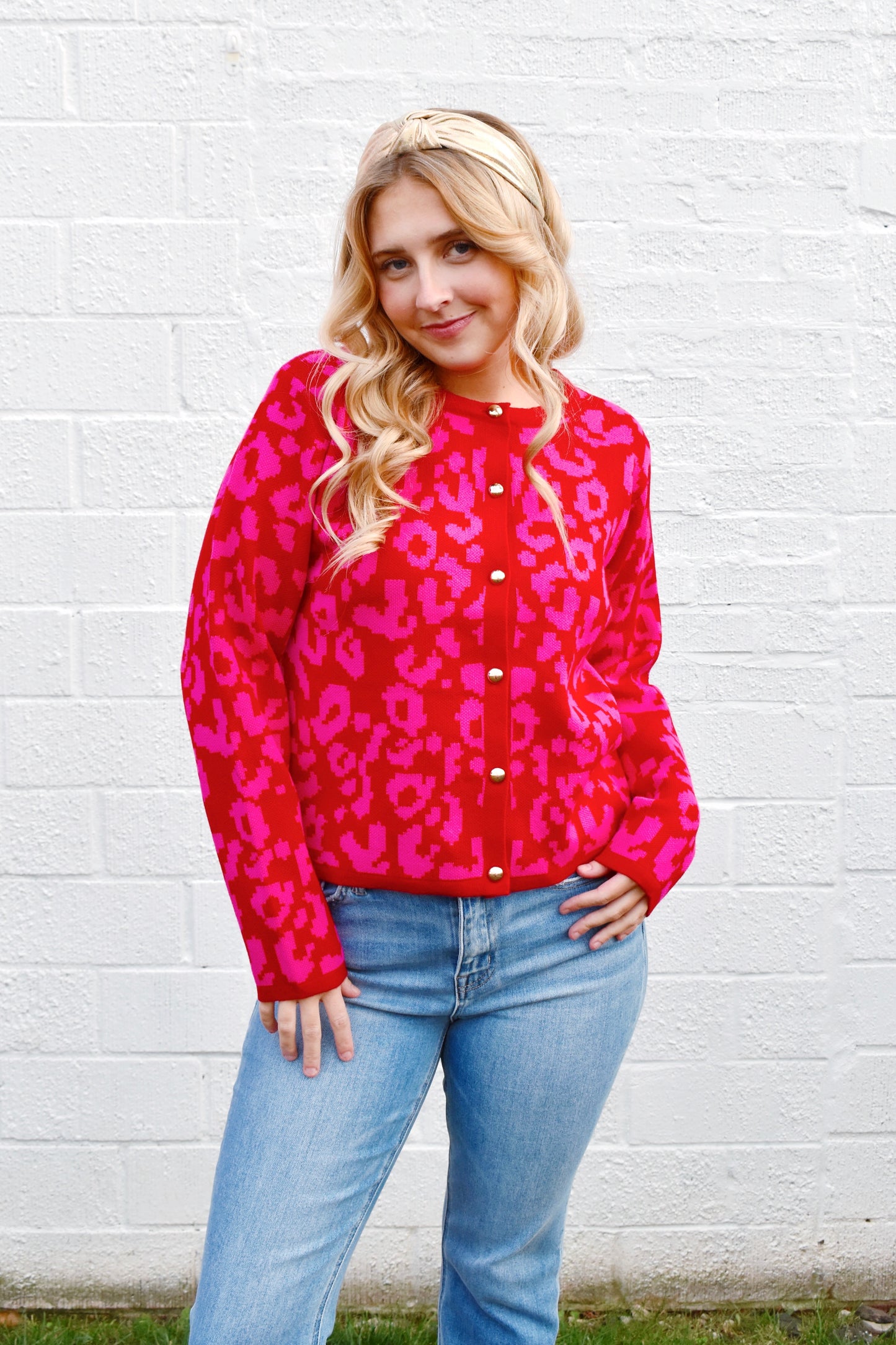 Pink & Red Leopard Button Down Cardigan