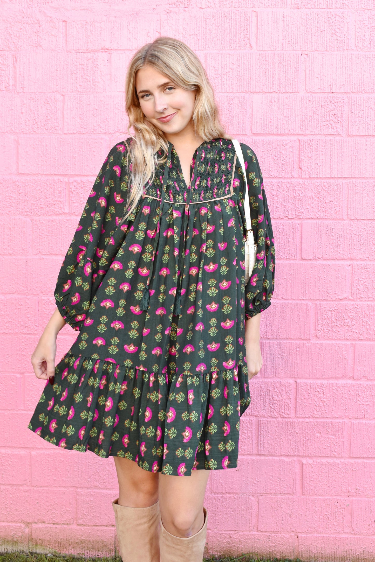 Hunter Green & Pink Floral Mini Dress