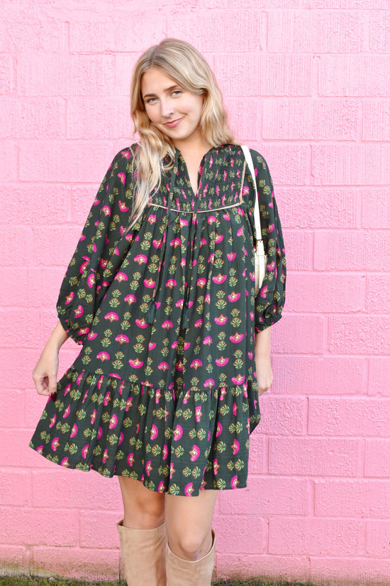 Hunter Green & Pink Floral Mini Dress