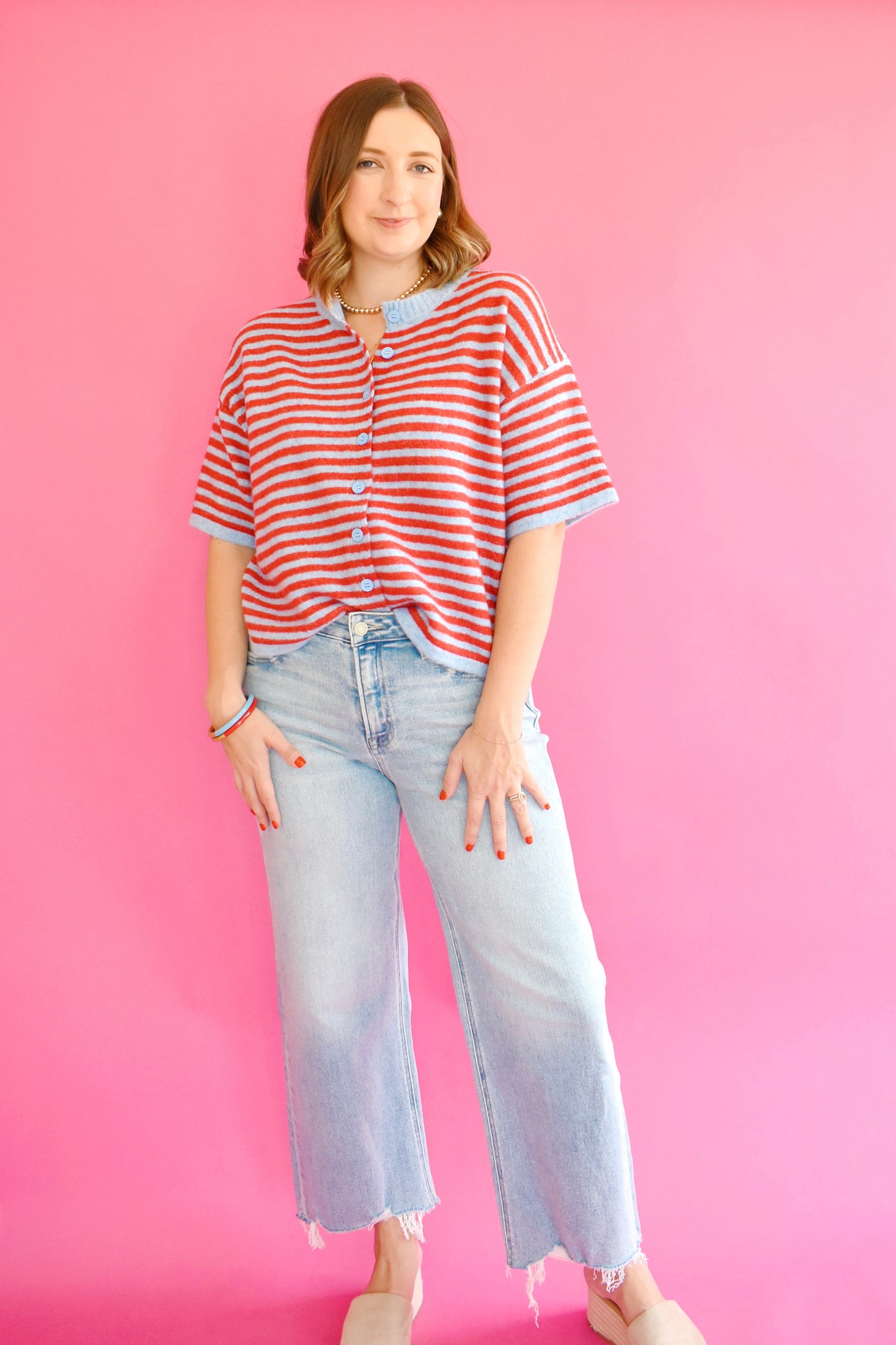 Blue & Red Striped Short Sleeve Cardigan