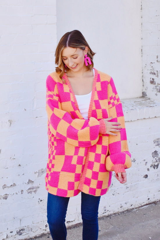 Load image into Gallery viewer, Orange &amp;amp; Pink Checkered Cardigan
