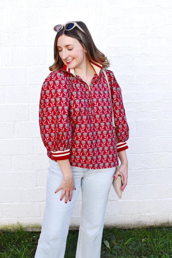 Rust Floral Zip Up Stripe Contrast Top