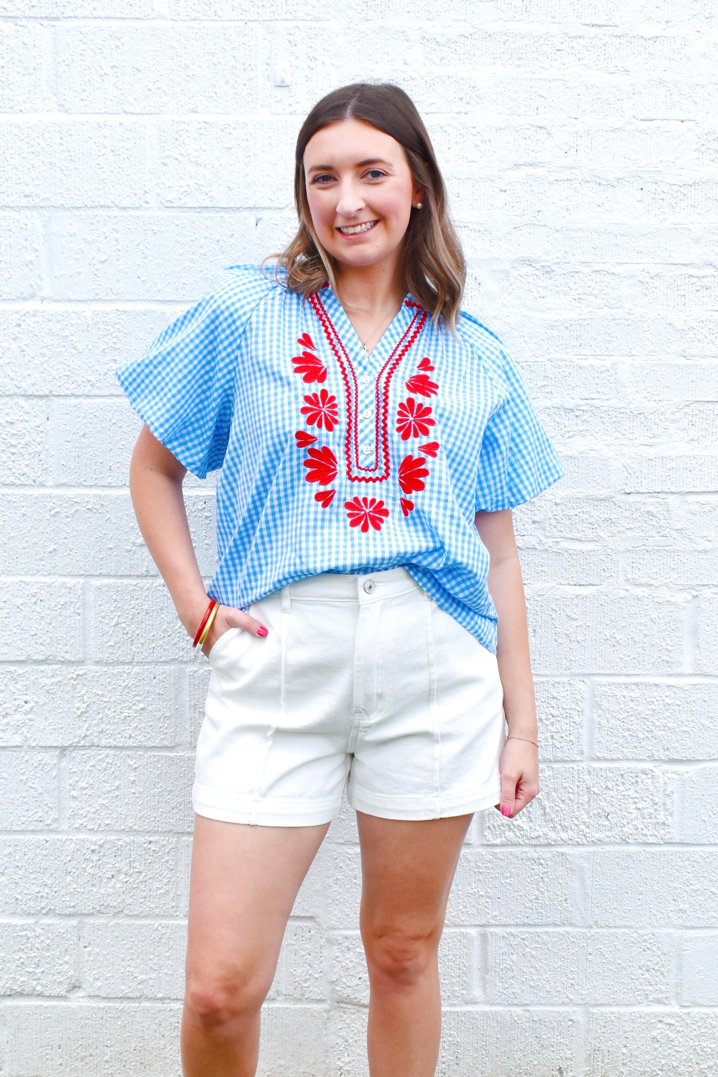Blue Gingham Red Embroidery Blouse