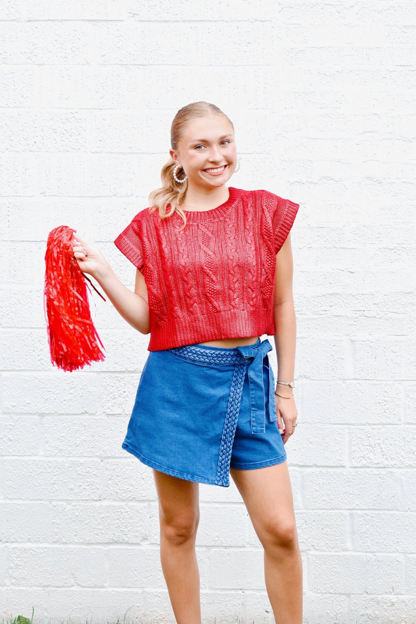 Red Metallic Cropped Sweater Top