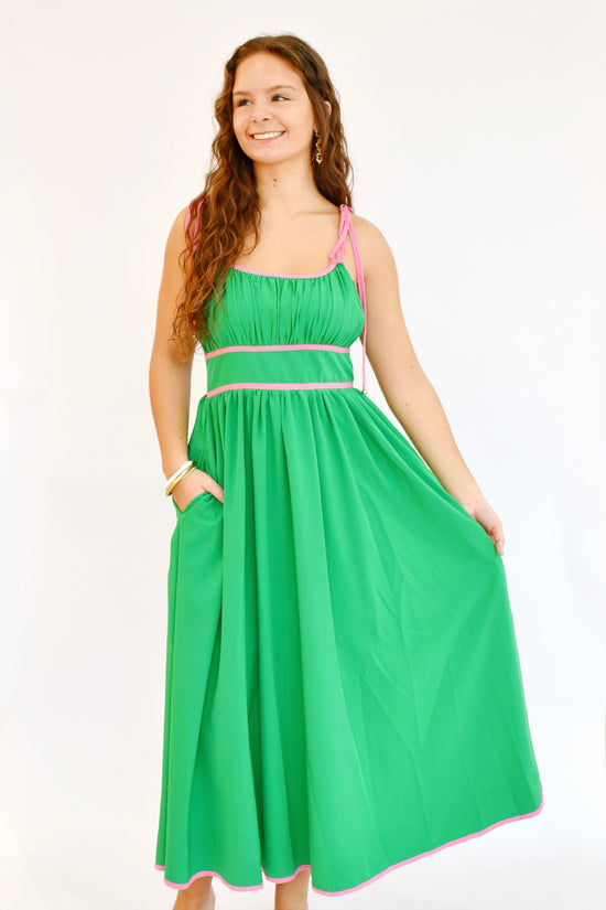 Green Pink Contrast Tie Strap Midi Dress