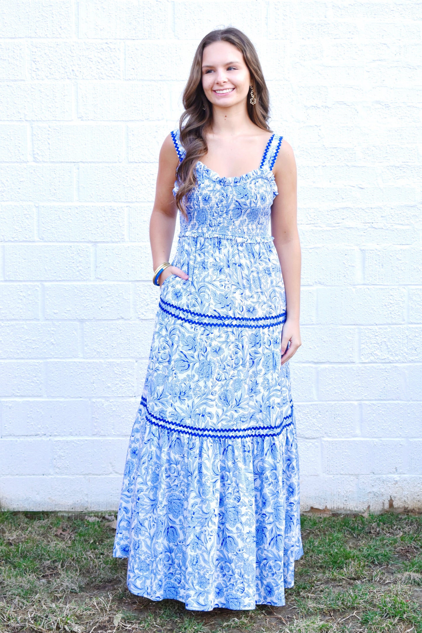 Blue Floral Ric Rac Contrast Maxi Dress