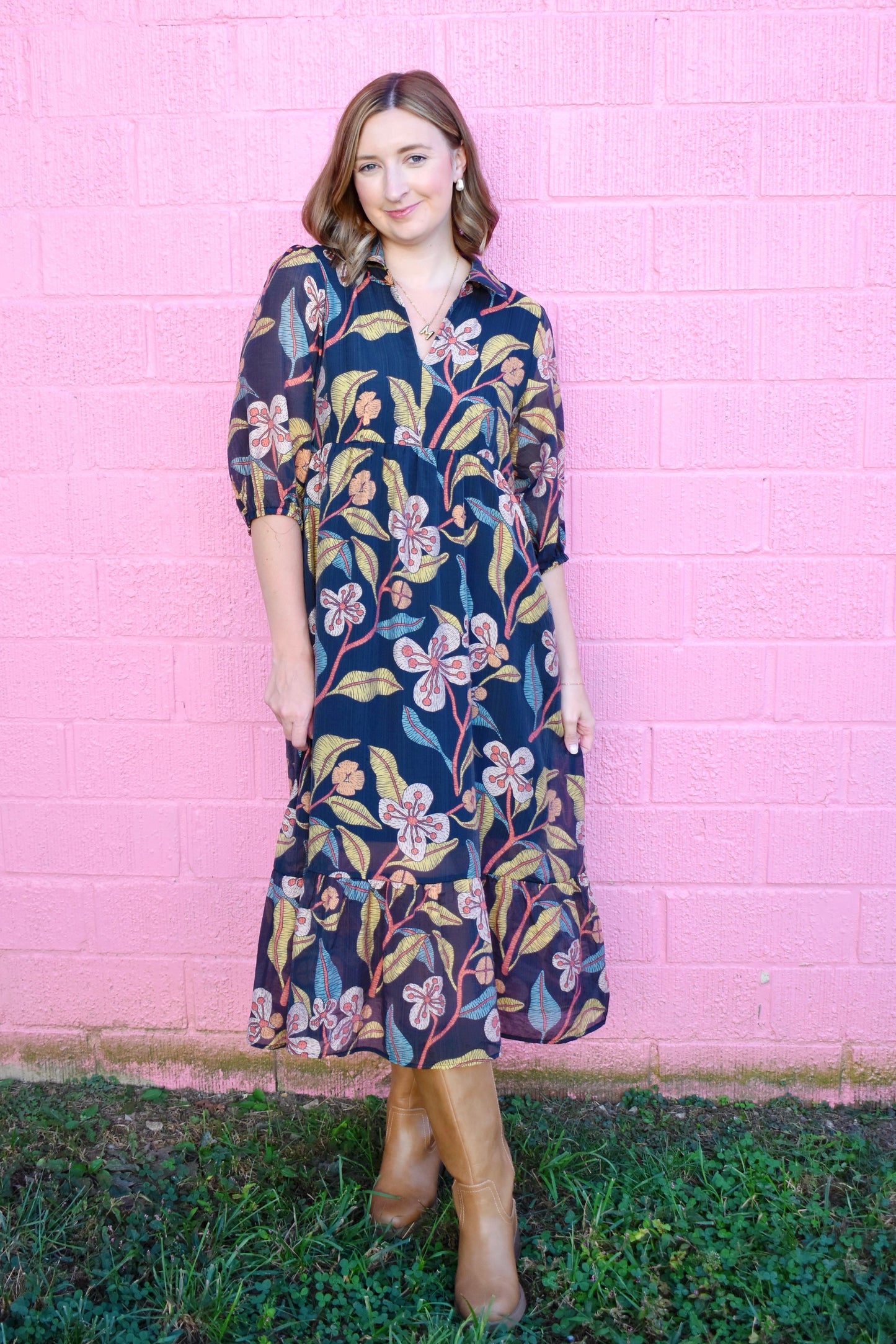 Black Floral Collared Midi Dress