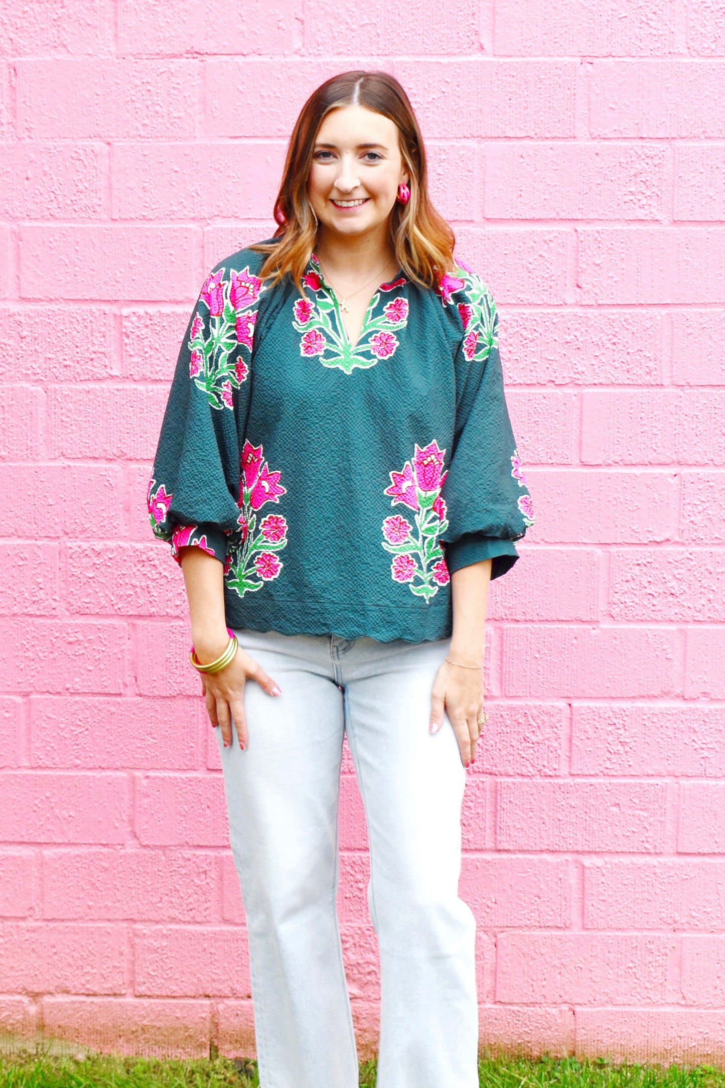 Forest & Pink Floral Scallop Hem Blouse
