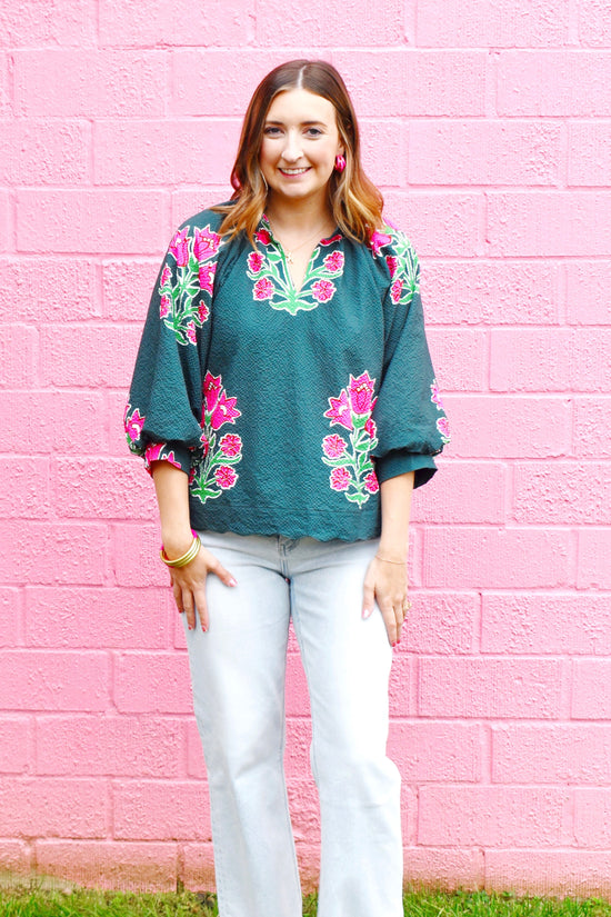 Forest & Pink Floral Scallop Hem Blouse