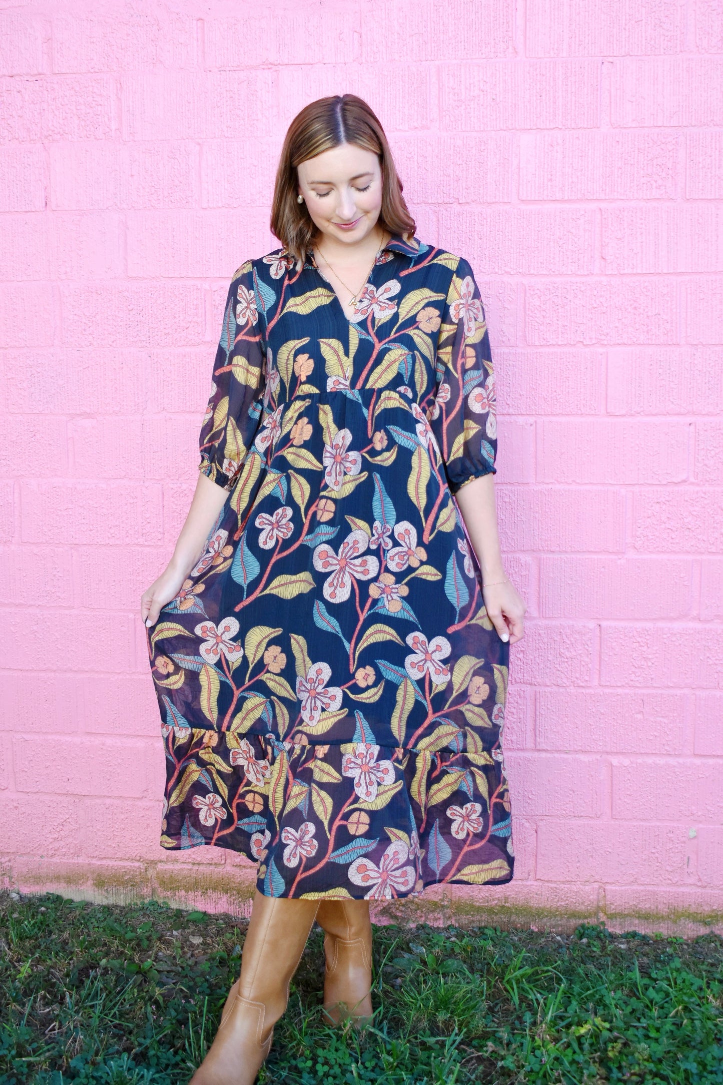 Black Floral Collared Midi Dress