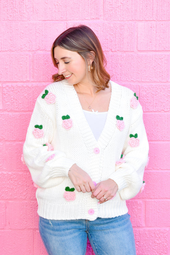 White Rosette Applique Cardigan Sweater