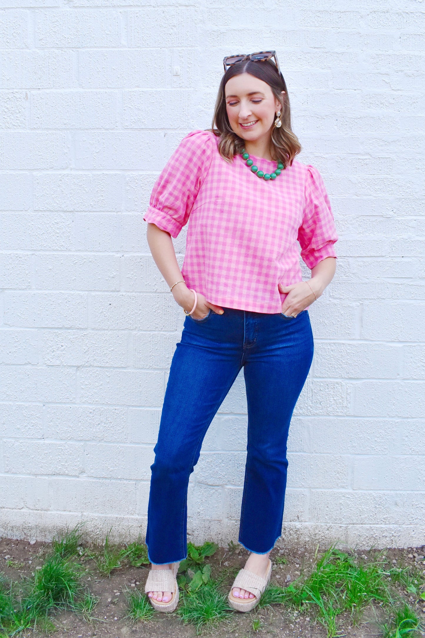 Pink Gingham Scallop Puff Sleeve Blouse