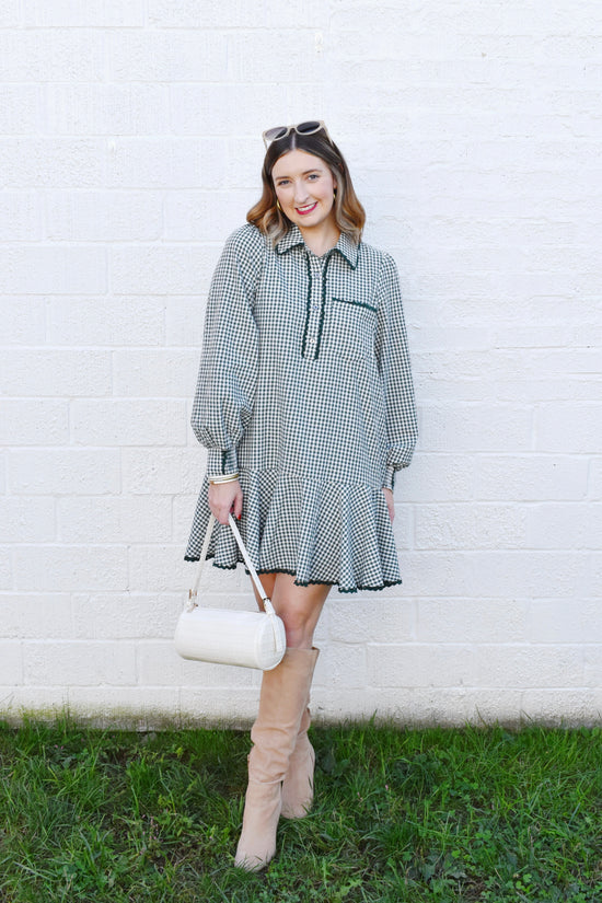 Forest Gingham Drop Waist Mini Dress