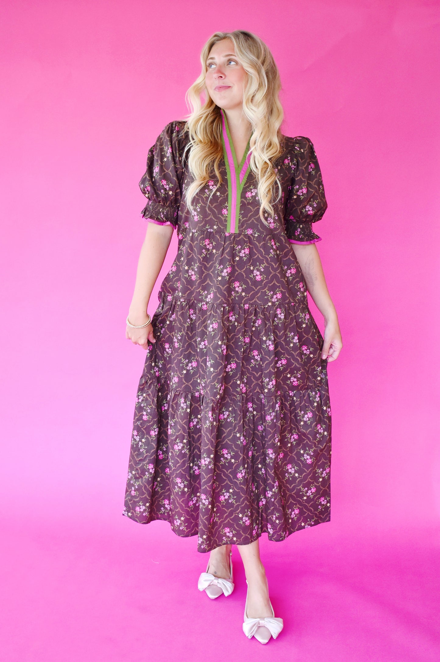 Chocolate Pink Green Floral Midi Dress